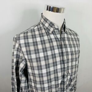 J Crew Medium Mercantile Flex Shirt Gray White Plaid Cotton Blend Button Down